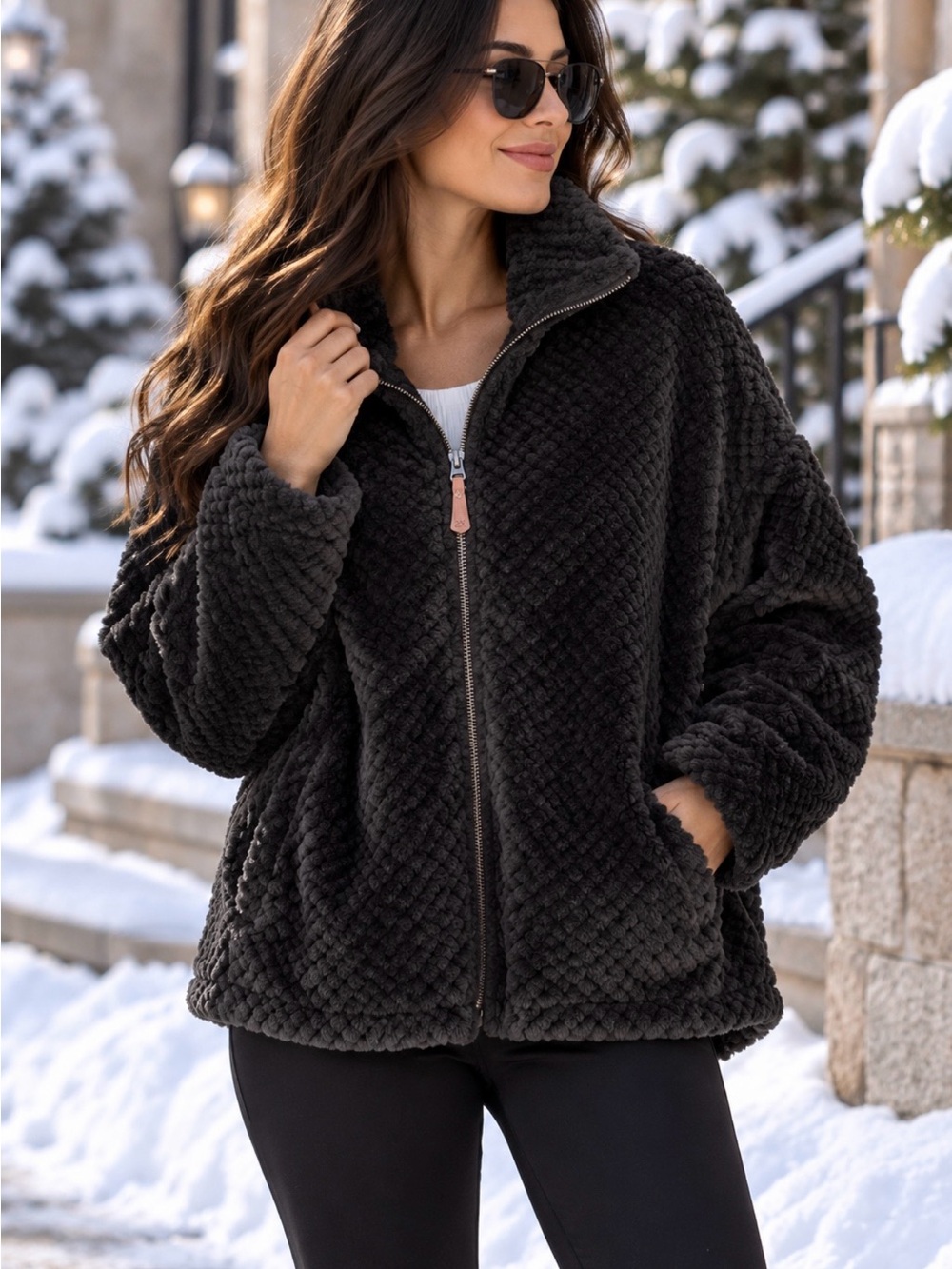 ZeroXposur Women's Black Plush Zip-Up Teddy Jacket